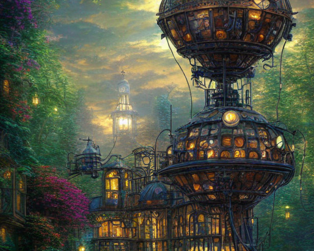 Steampunk cityscape at dusk with spherical buildings and lush greenery