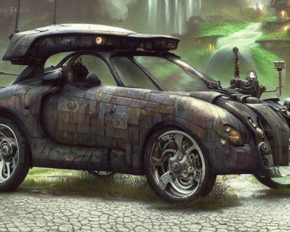 Rusted futuristic police car with advanced machinery in mystical greenery setting