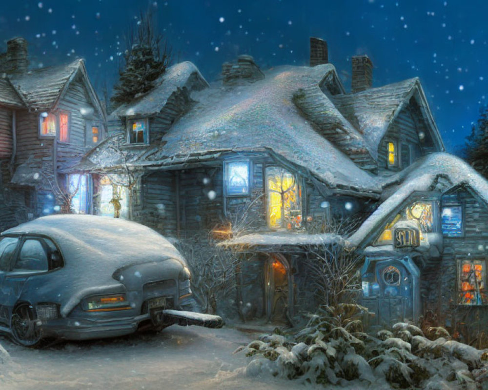 Snow-covered car and illuminated houses in serene winter scene