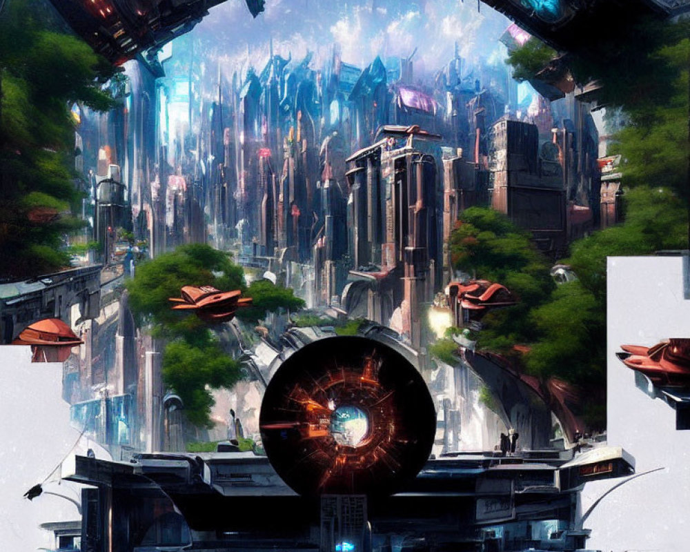 Futuristic cityscape with skyscrapers, flying vehicles, and circular portal structure