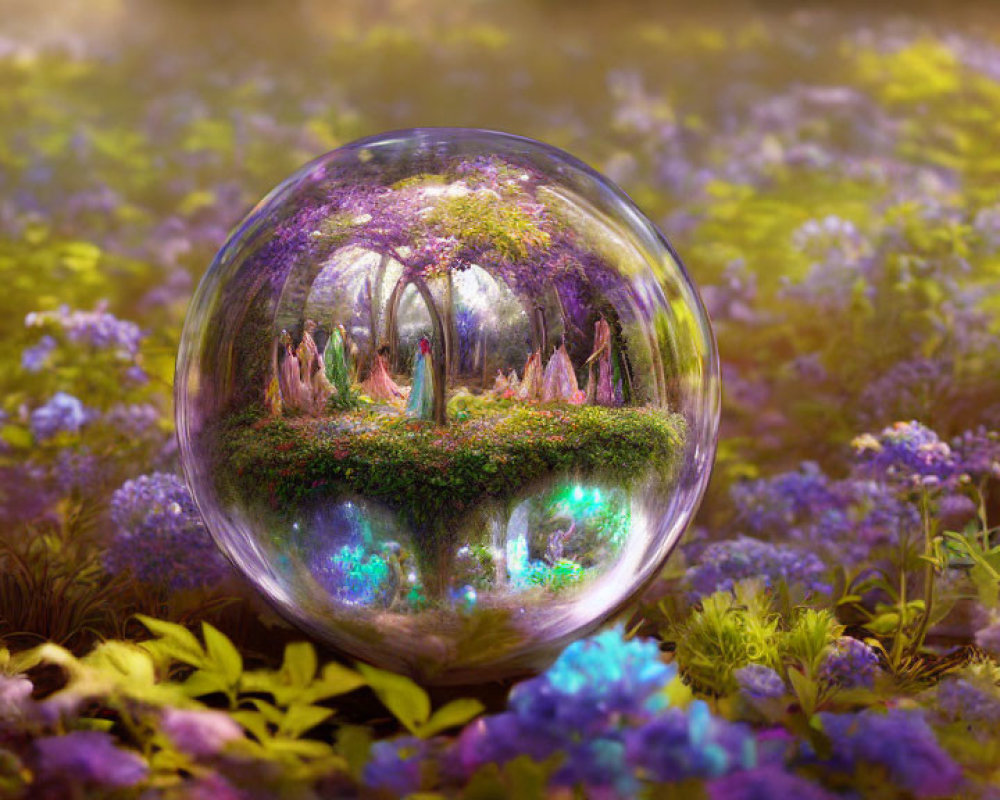 Reflective bubble captures serene forest and blooming meadow under golden light