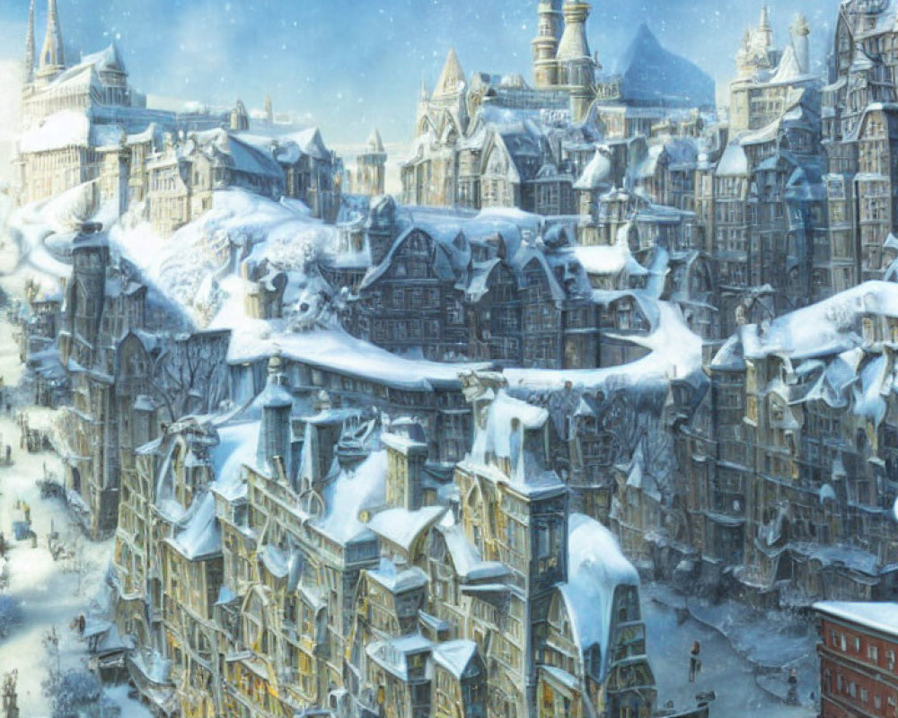 Snow-covered city street with ornate buildings in a historical fantasy winter scene