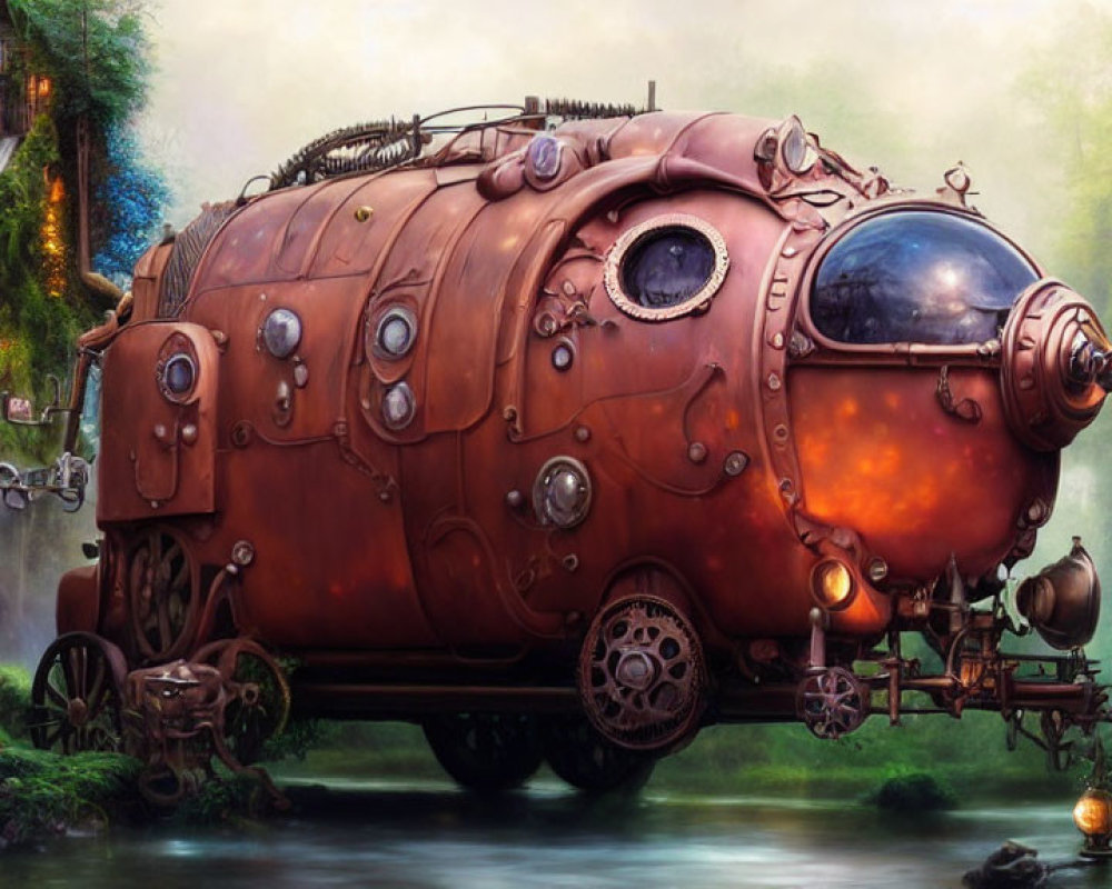 Steampunk submarine near waterfall and treehouse