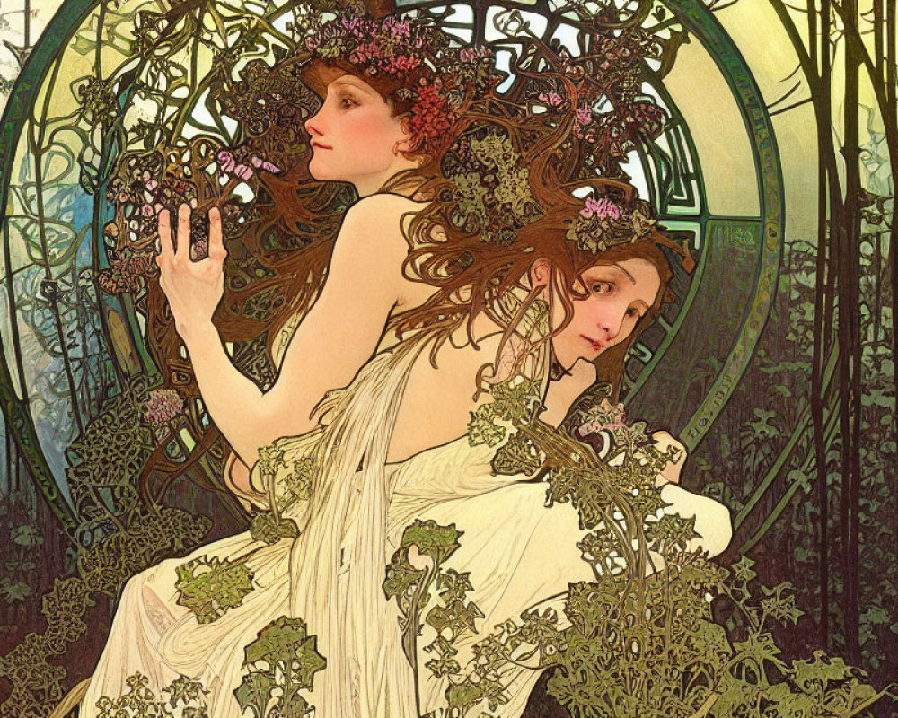 Ethereal women with floral crowns in Art Nouveau style illustration