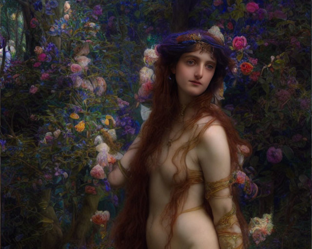 Nude woman with floral headpiece in colorful flower garden