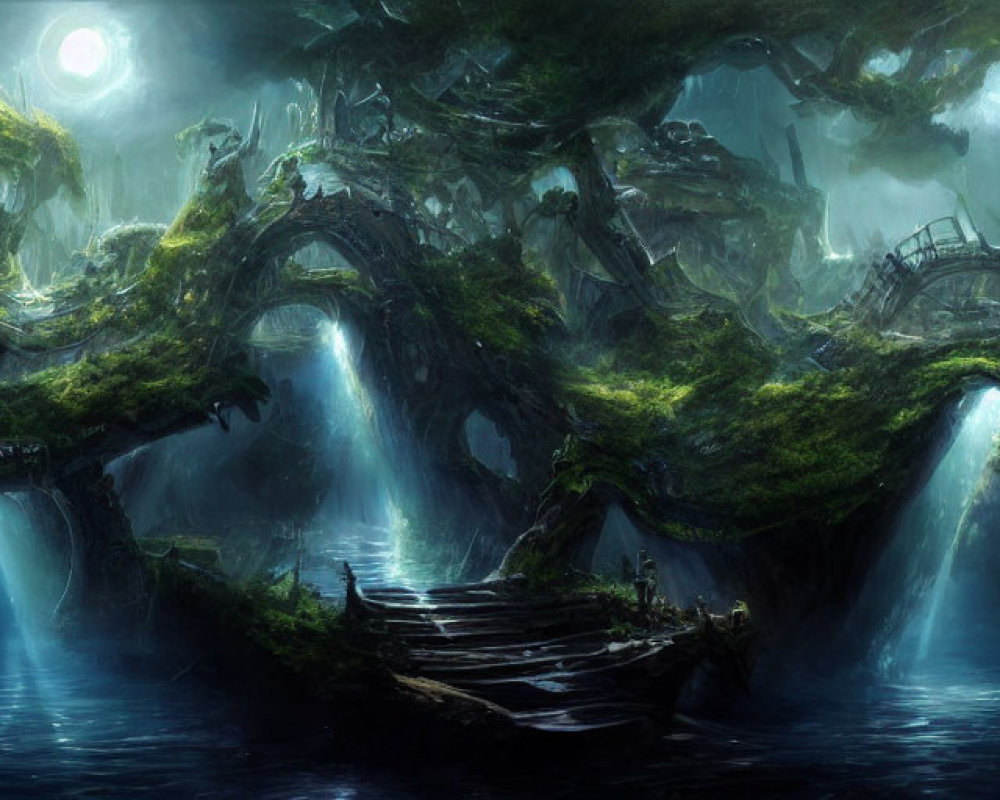 Ethereal fantasy landscape with majestic waterfalls and ancient tree roots under a luminous moon