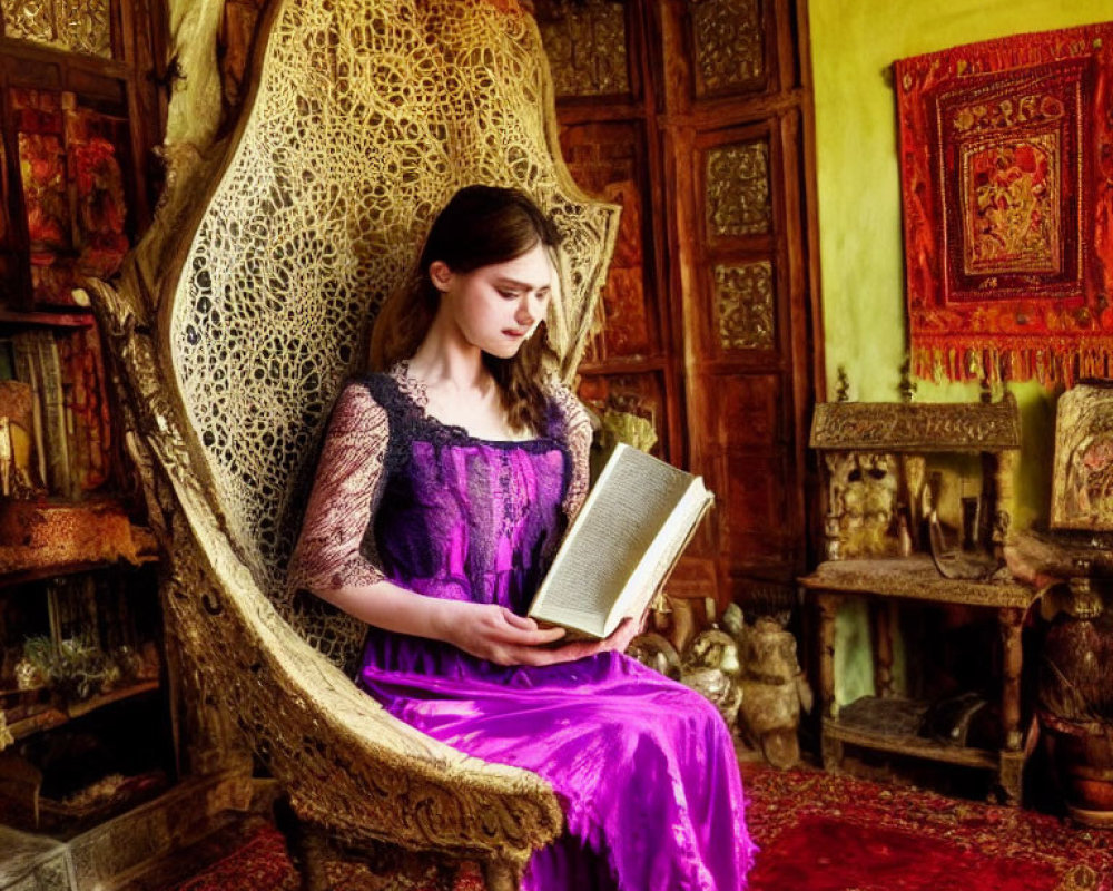 Woman in Purple Dress Reading Surrounded by Traditional Decor