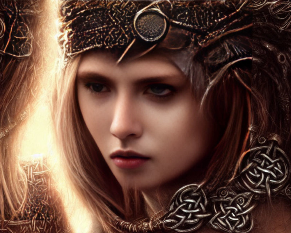 Intense gaze woman with ornate Celtic crown and mystical light glow