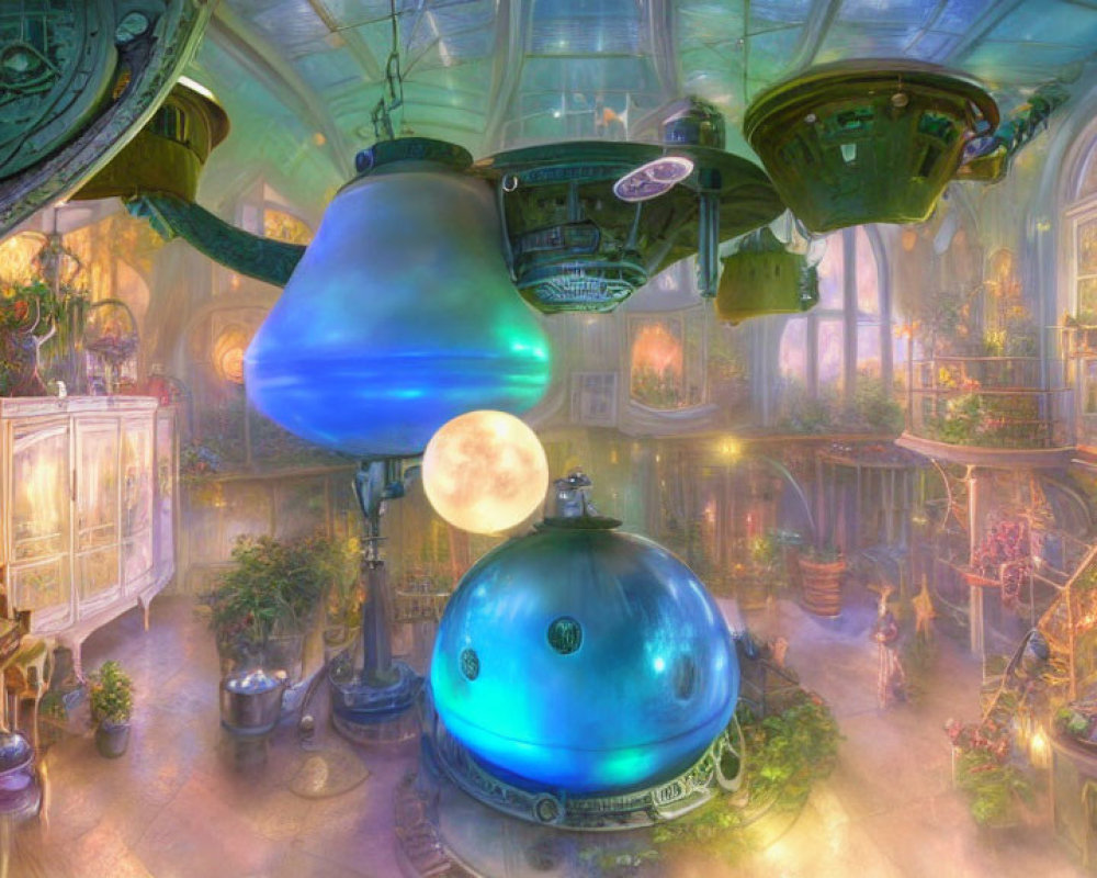 Vibrant indoor scene with futuristic spherical structures and abundant vegetation