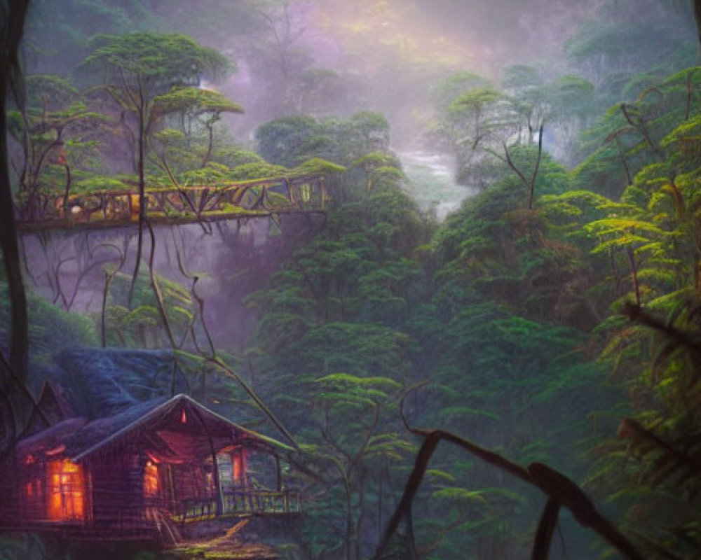 Enchanted forest with glowing cabin, stone path, purple fog, twilight canopy, hanging moss