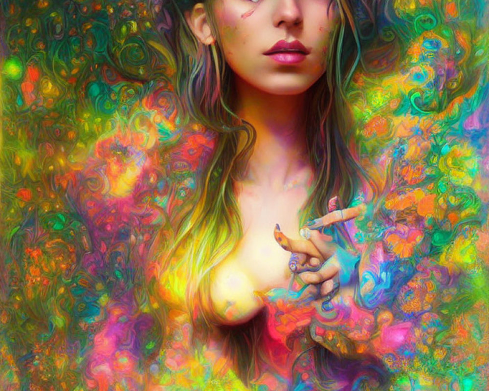 Vivid psychedelic portrait of a woman with swirling patterns