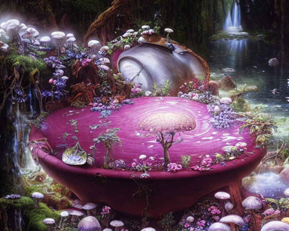 Fantastical forest scene with oversized mushrooms and shimmering foliage by serene waterway