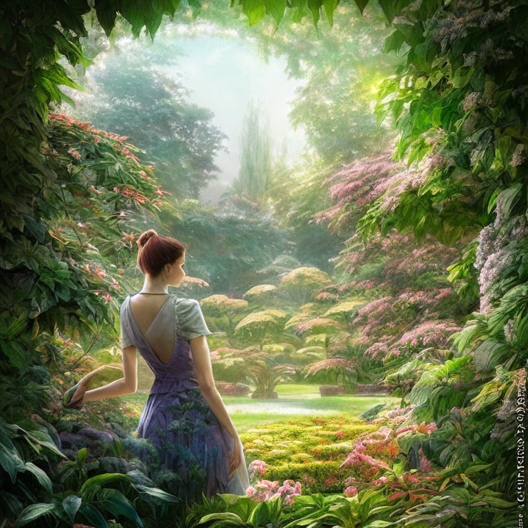 Woman in purple dress admires lush garden with vibrant flowers and foliage in soft light.