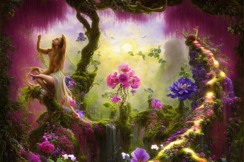 Woman on Mossy Tree Surrounded by Glowing Flowers and Waterfalls