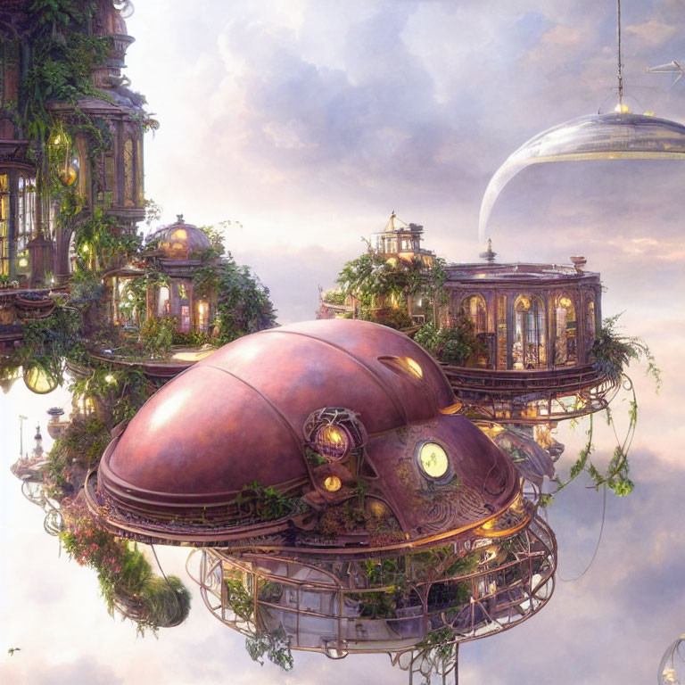 Steampunk-inspired floating city with Victorian buildings and futuristic airships.