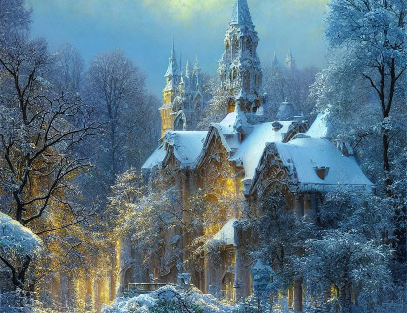 Snow-covered castle in tranquil winter forest with mystical light.