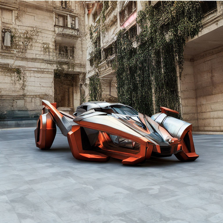 Futuristic orange and silver sports car in courtyard with old buildings