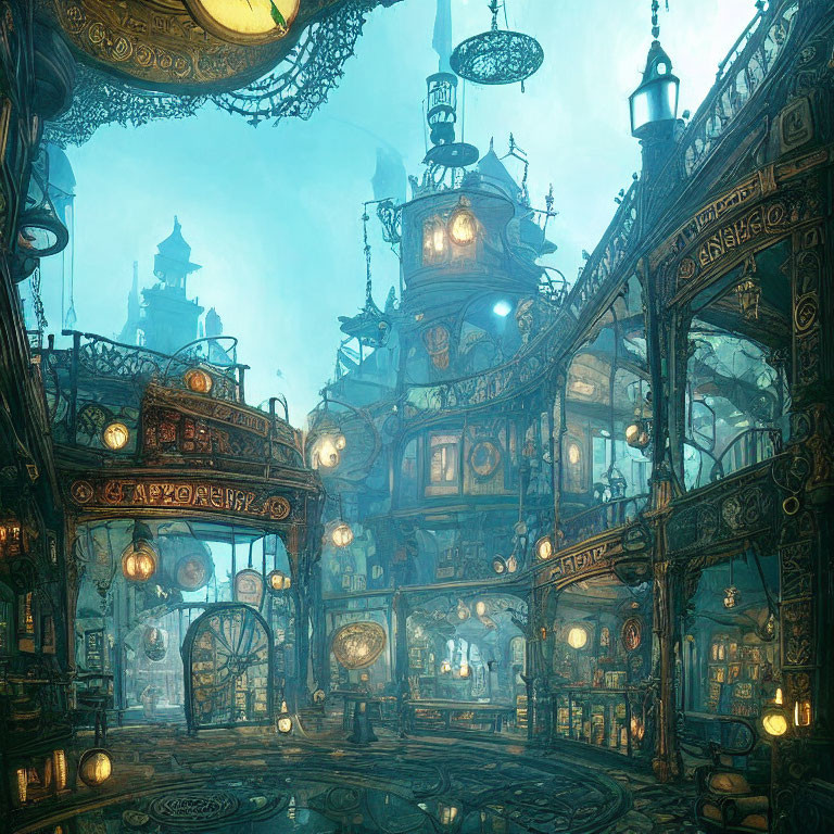 Detailed steampunk cityscape with metalwork, lanterns, gears, and blue haze