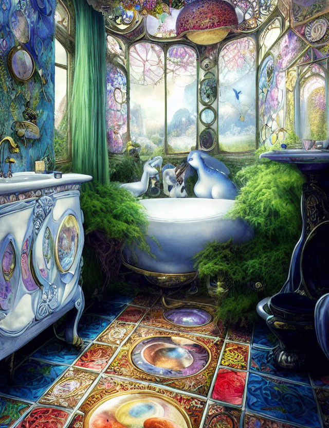 Stained glass windows, claw-foot tub, and mosaic tiles in a whimsical bathroom