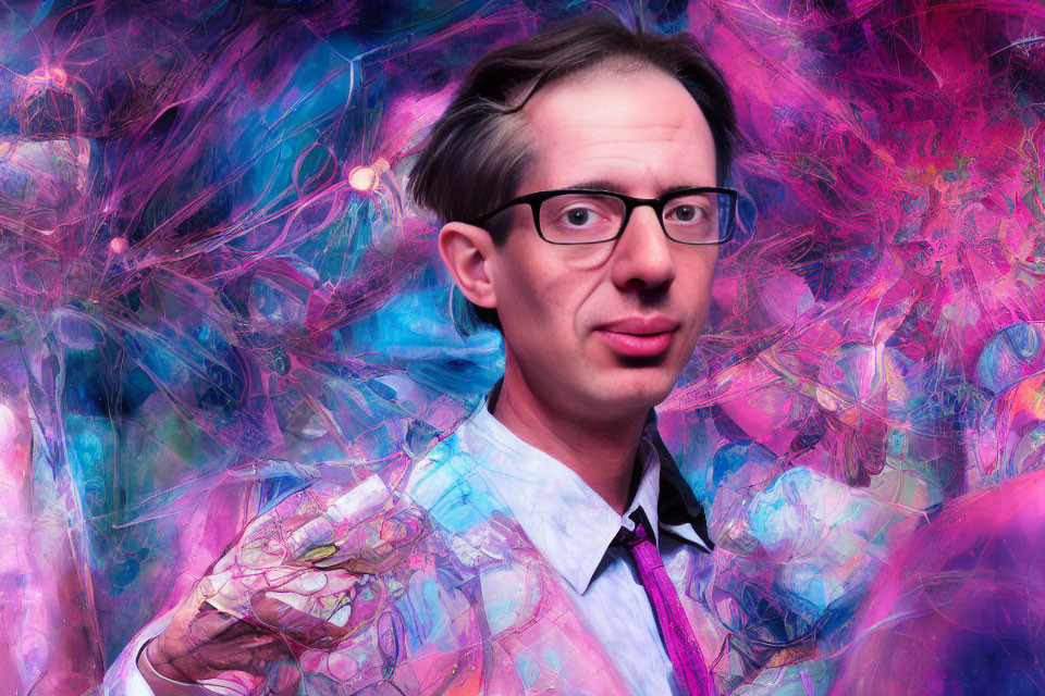 Man in white shirt and pink tie against abstract pink and blue backdrop gesturing.