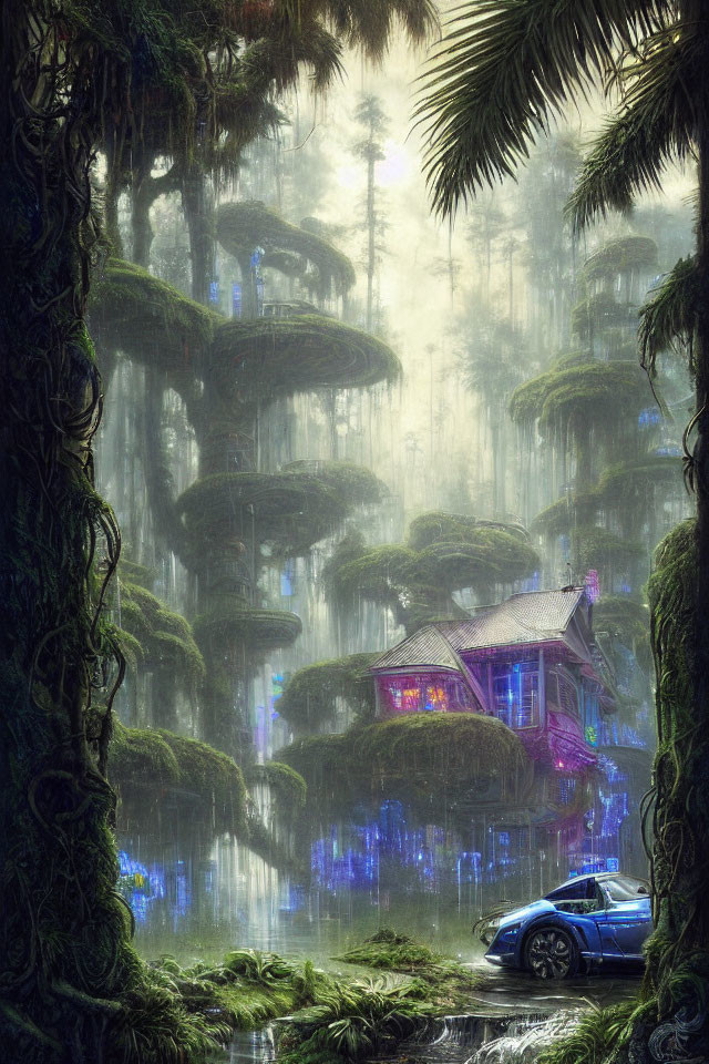 Mystical forest with towering trees and Asian-style house in a futuristic setting