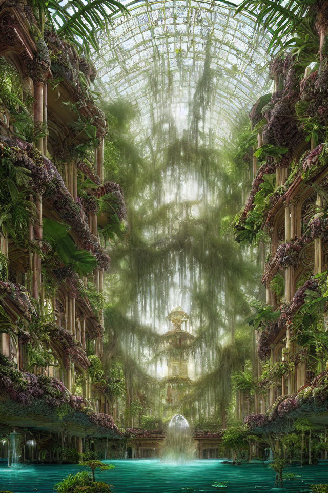 Verdant fantastical greenhouse with towering plant shelves, water feature, hanging moss, and soft filtered