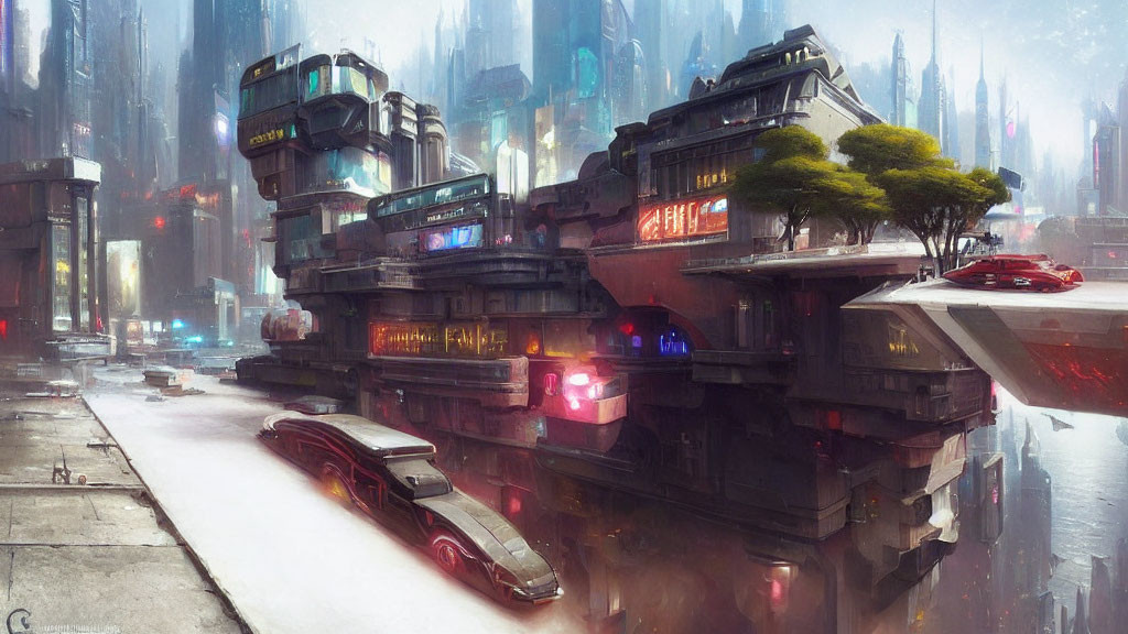 Neon-lit futuristic cityscape with advanced vehicles and layered architecture