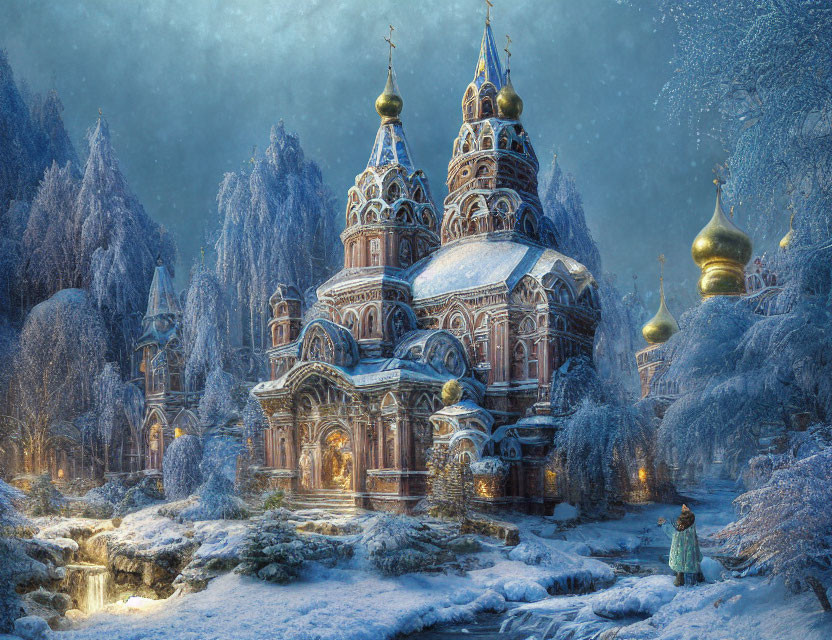 Colorful domed cathedral in snowy winter landscape at twilight