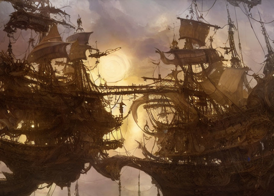 Detailed Old Ships Floating in Air Against Mystical Glowing Backdrop