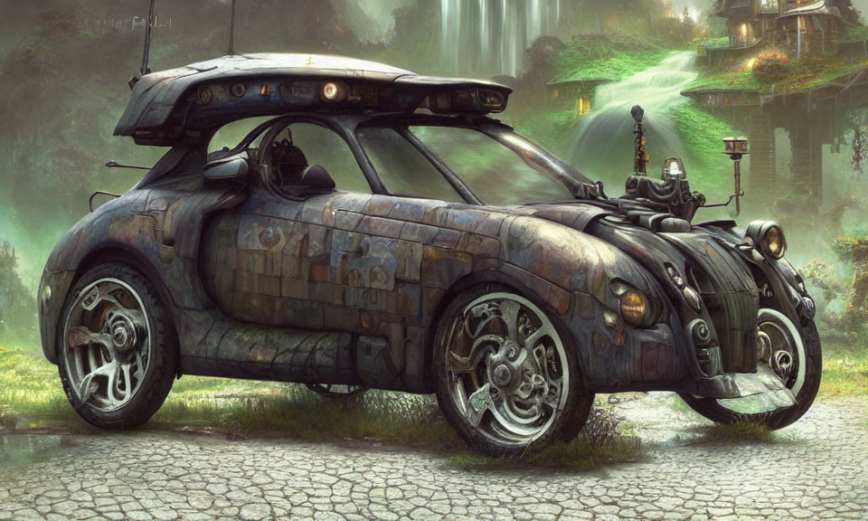 Rusted futuristic police car with advanced machinery in mystical greenery setting