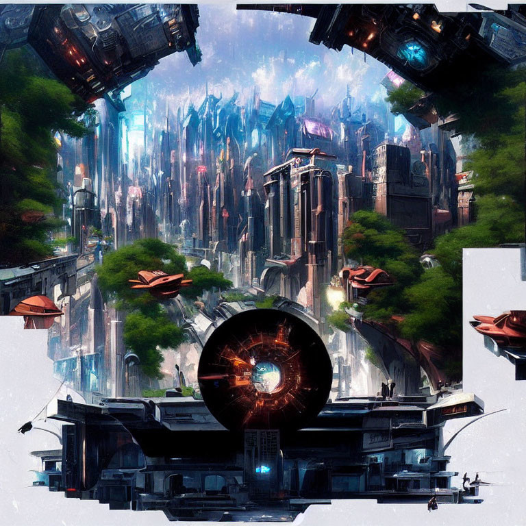 Futuristic cityscape with skyscrapers, flying vehicles, and circular portal structure