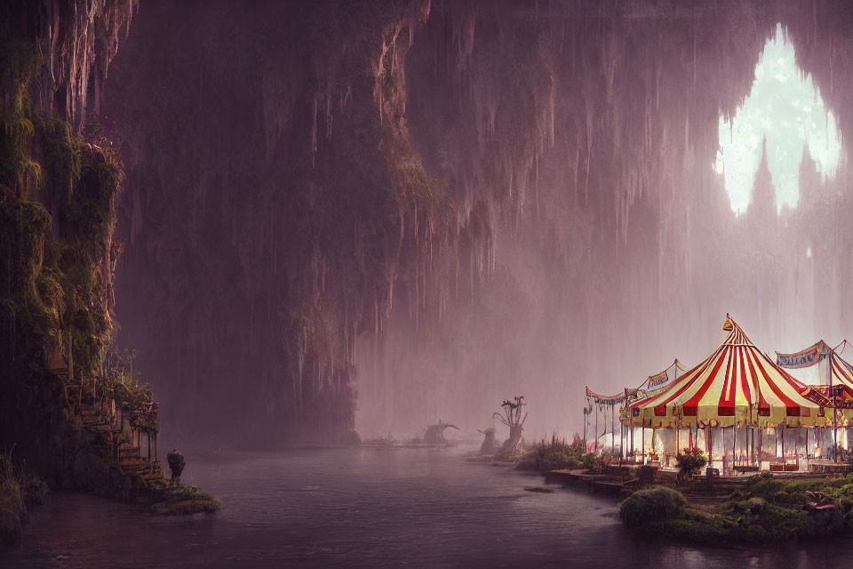 Colorful Carousel in Serene Cave with Waterfall Reflections