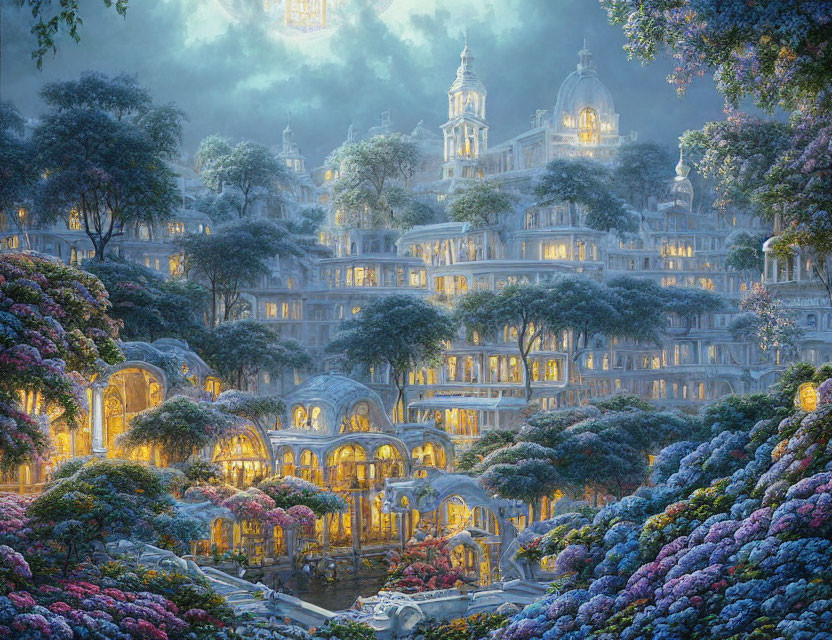 Intricate architecture in illuminated fantasy city amid lush flora