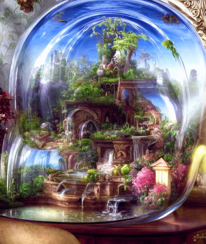 Fantasy landscape with lush greenery and waterfalls in transparent sphere