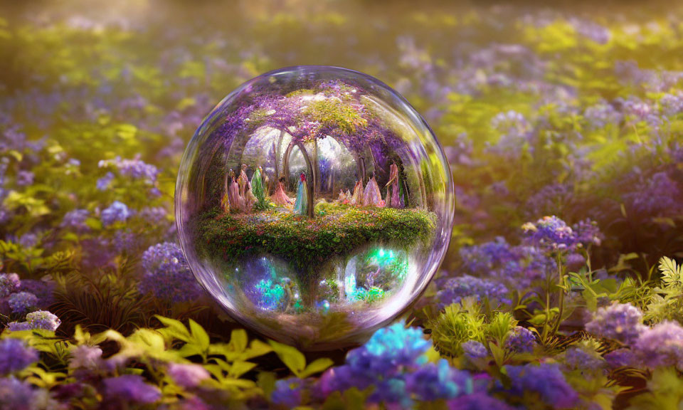 Reflective bubble captures serene forest and blooming meadow under golden light