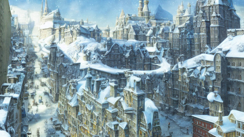 Snow-covered city street with ornate buildings in a historical fantasy winter scene