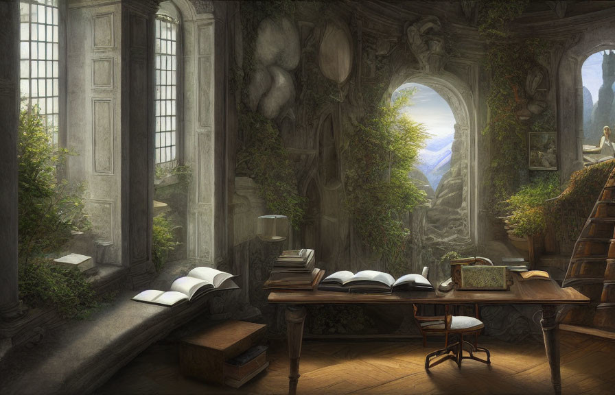 Tranquil study room with mountain view, desk, books, lamp, chair, and bookshelf