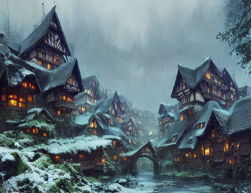 Snowy village with half-timbered houses by river at dusk