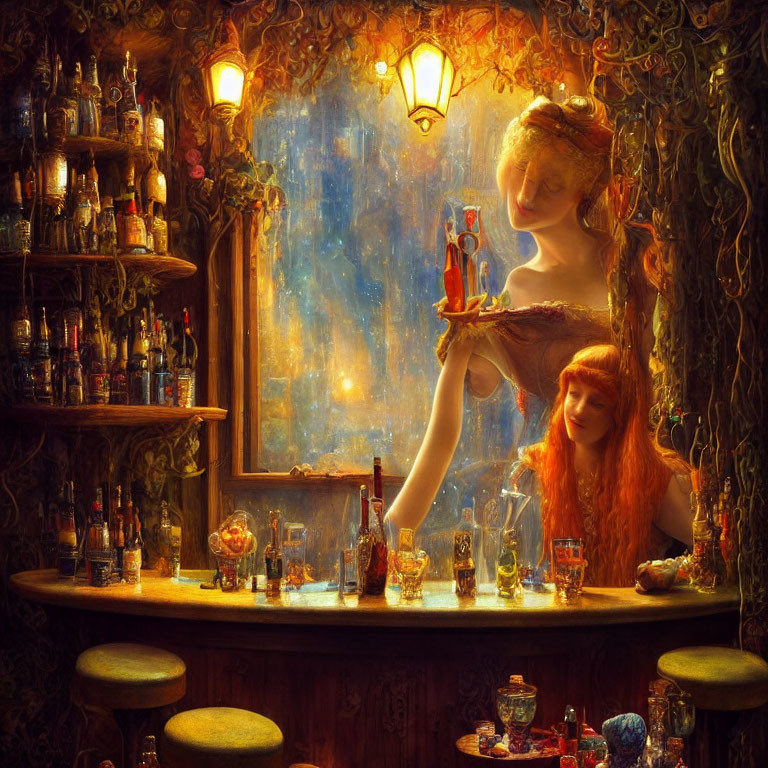 Ethereal women in whimsical tavern scene with colorful bottles