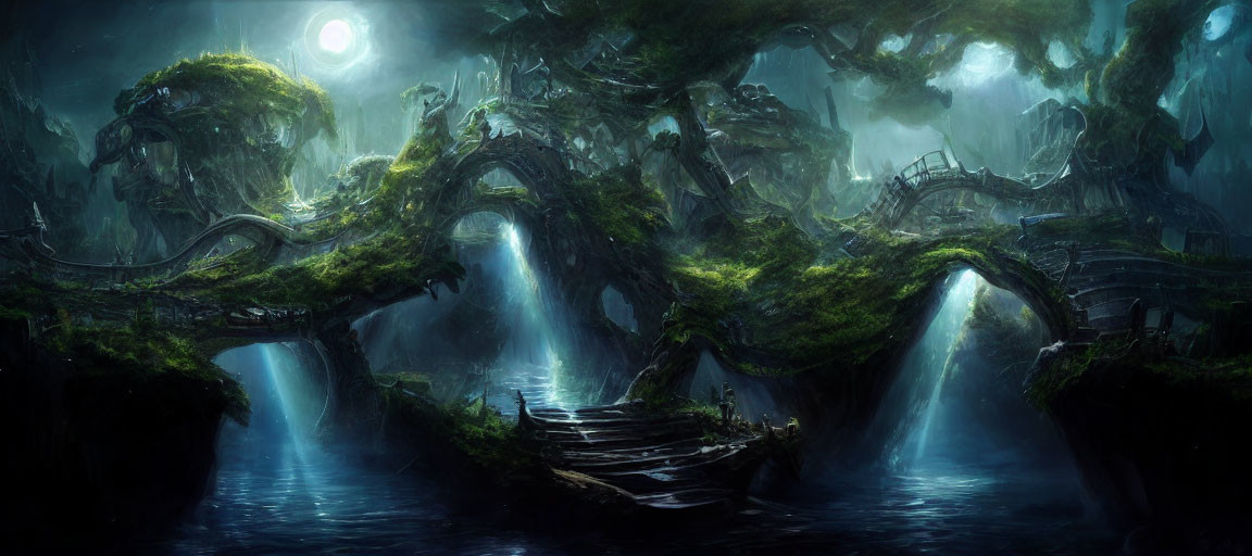 Ethereal fantasy landscape with majestic waterfalls and ancient tree roots under a luminous moon