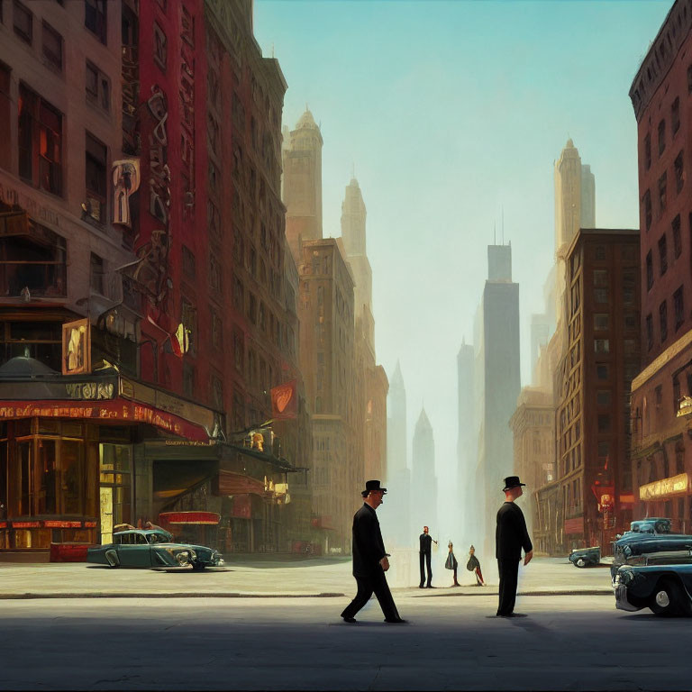 Men in hats crossing vintage city street with classic cars and towering buildings.