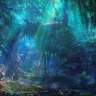 Mystical forest with waterfall, shipwreck, rocks, and lush vegetation in blue hue