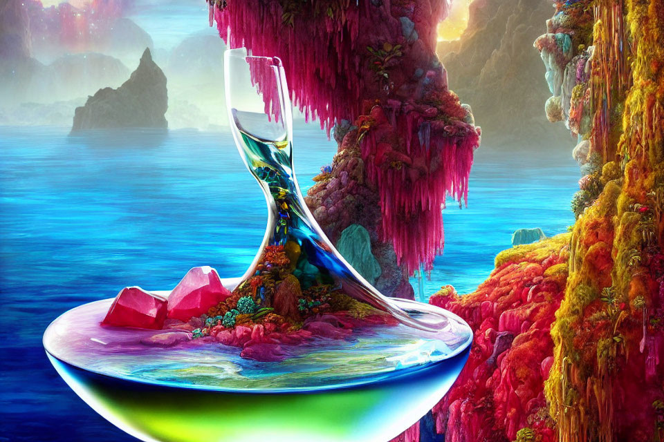 Colorful surreal landscape with hourglass, lush cliffs, blue sea, and crystalline structures.