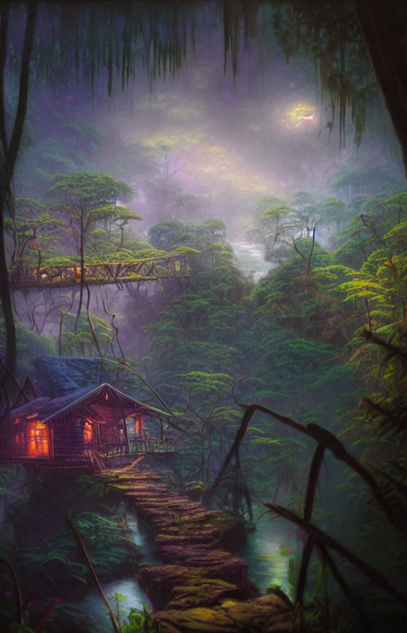 Enchanted forest with glowing cabin, stone path, purple fog, twilight canopy, hanging moss