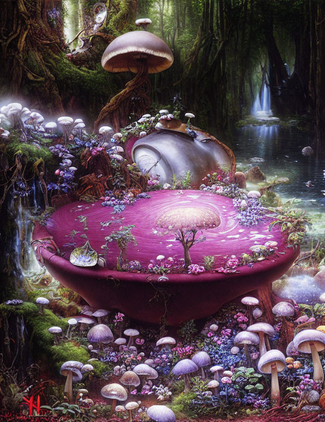 Fantastical forest scene with oversized mushrooms and shimmering foliage by serene waterway