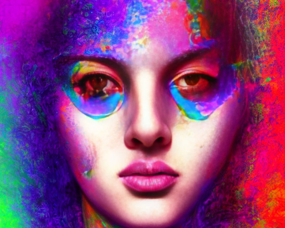 Colorful Paint-Like Texture Portrait with Vibrant Eyes and Curls