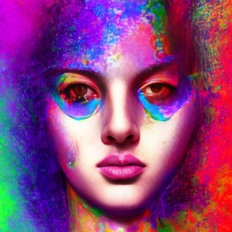 Colorful Paint-Like Texture Portrait with Vibrant Eyes and Curls