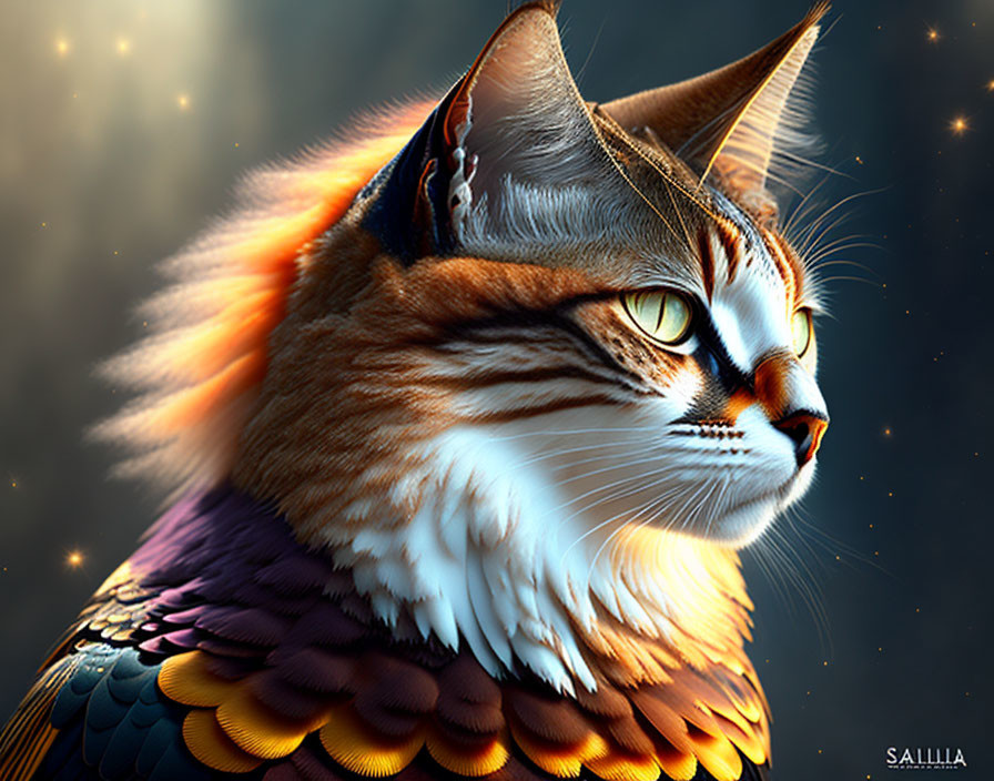 Digital Artwork: Cat with Multicolored Bird Feathers on Starry Background