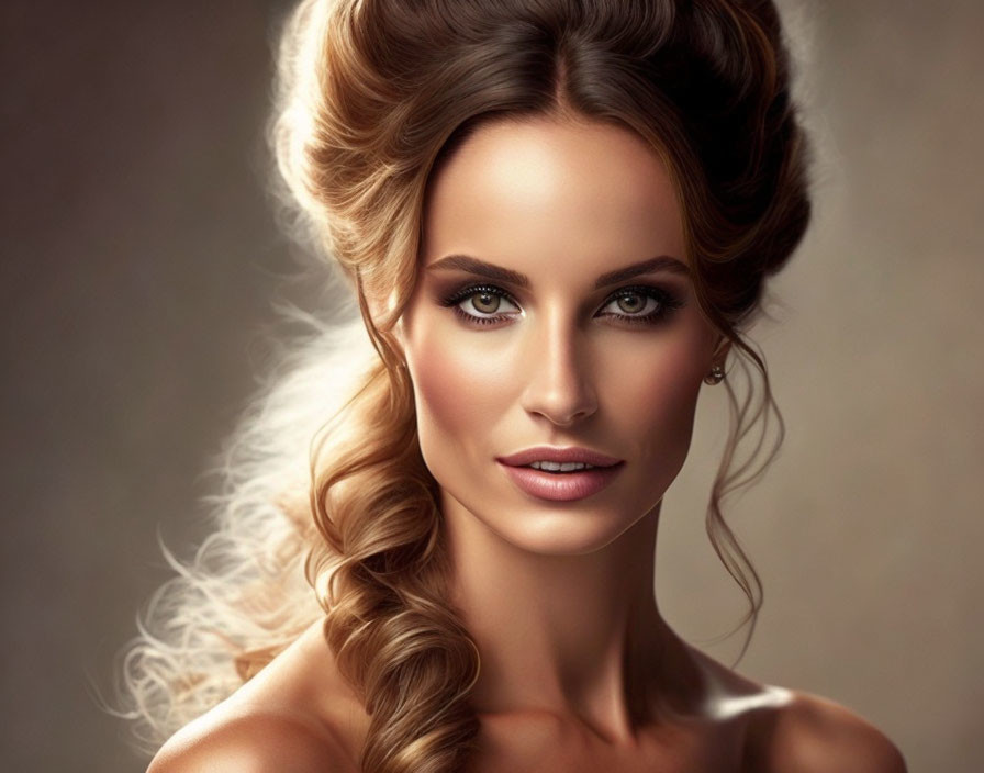 Portrait of Woman with Brown Updo Hair and Hazel Eyes