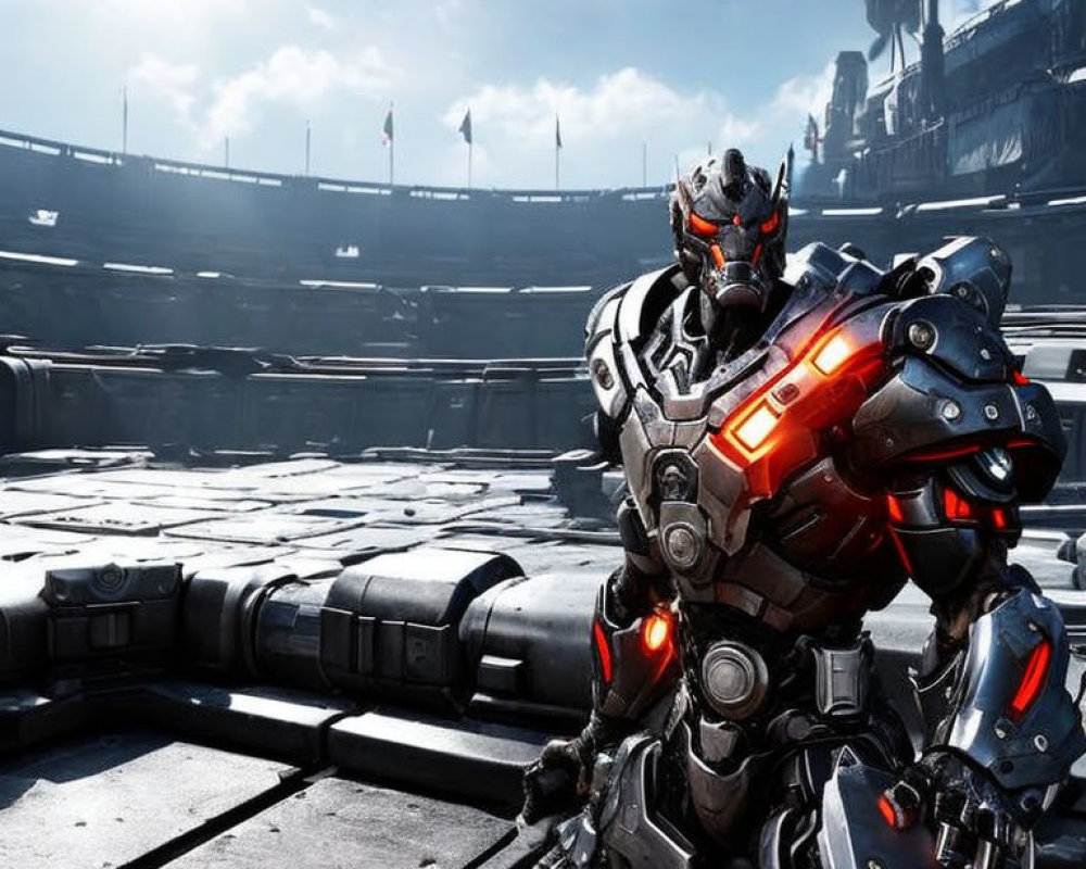 Futuristic arena scene with red-accented robotic character under blue sky